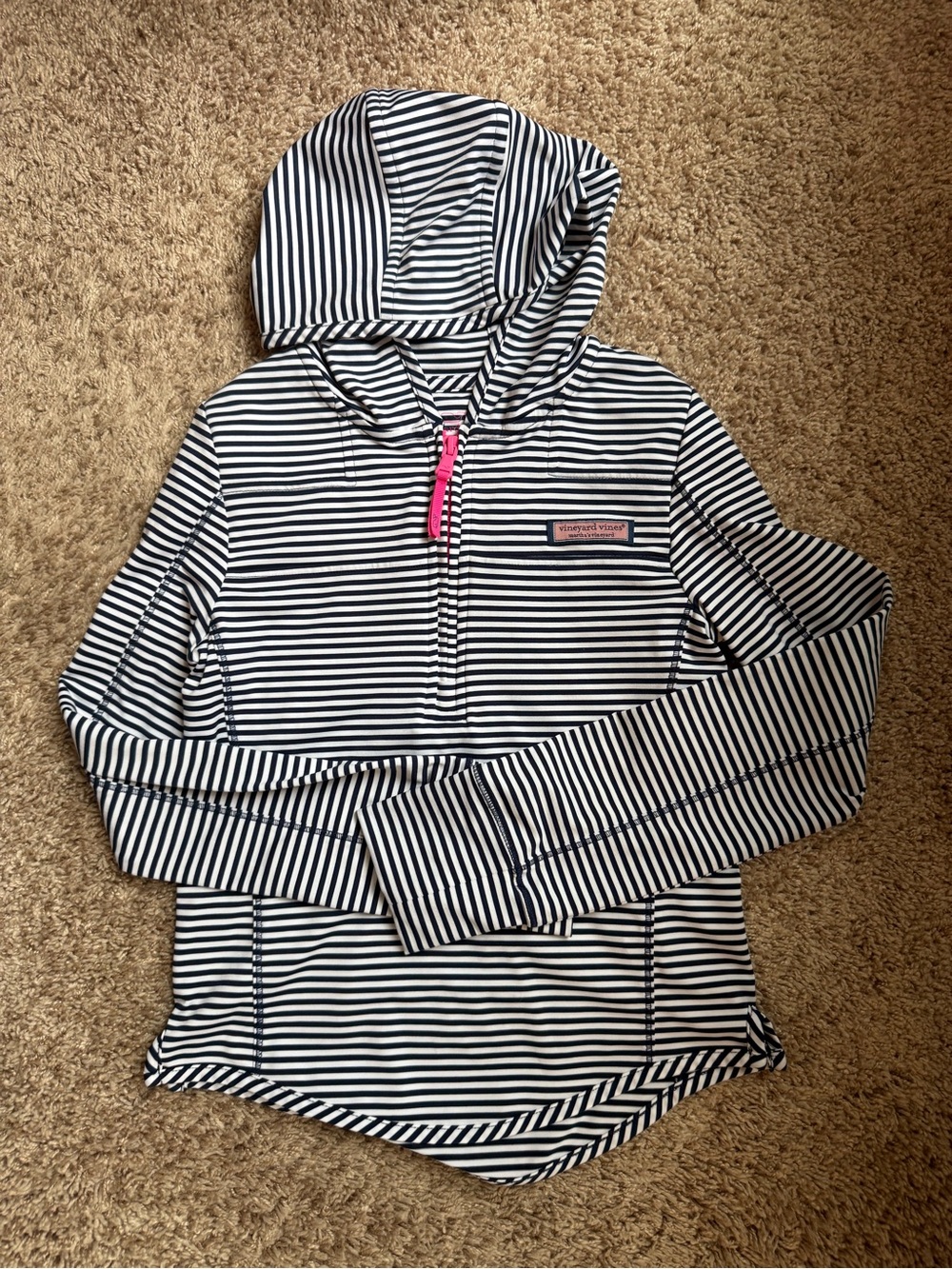 Vineyard Vines Navy and White Striped Girls Hoodie with Pink Zipper